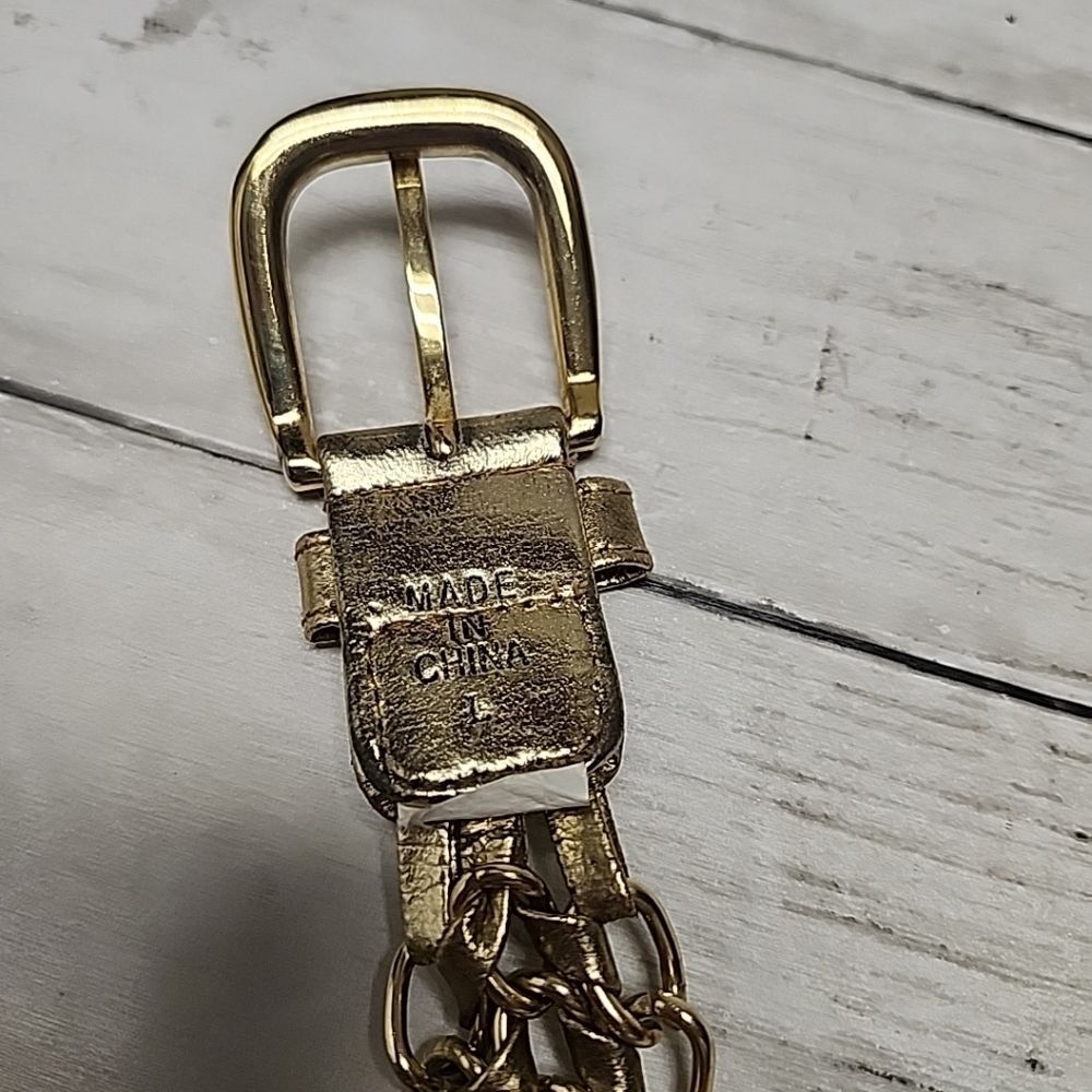 VINTAGE GOLD BUCKLE BELT METAL CHAIN BOHO HIPPIE 1 1/4" SIZE L 45" - Picture 2 of 7